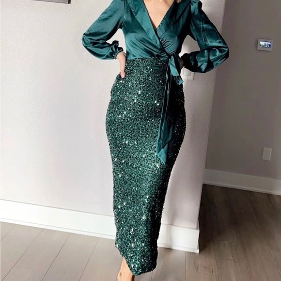 Luxe Satin Sequin Holiday Party Evening Formal Dress - Picture 9 of 9